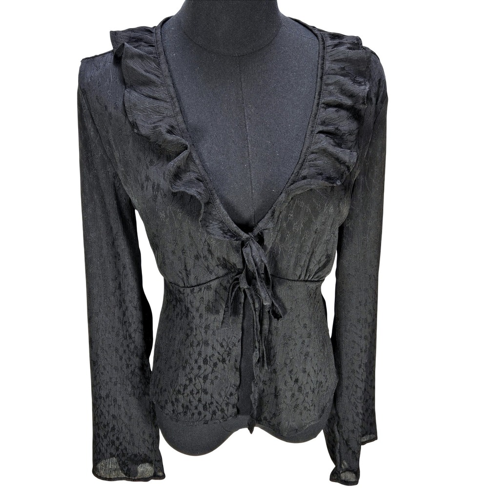 Women's Large Black Ruffle Tie Front Jacquard Blouse Whimsigoth Dark Romantic